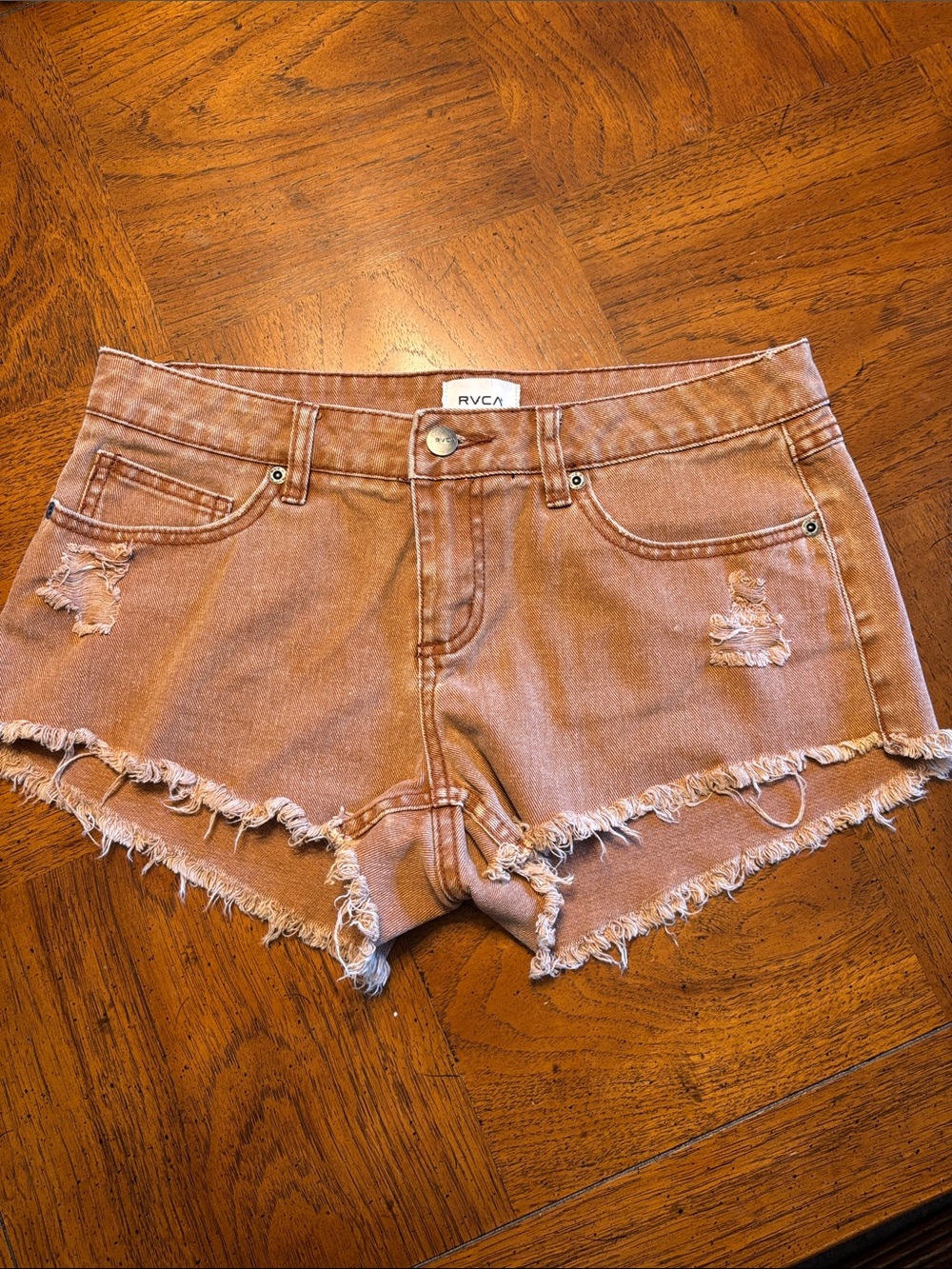RVCA Faded Pink-Tan Distressed Denim Cutoff Shorts